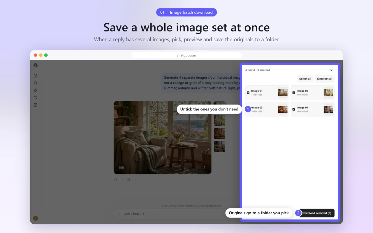 The selection panel listing the images of one ChatGPT reply