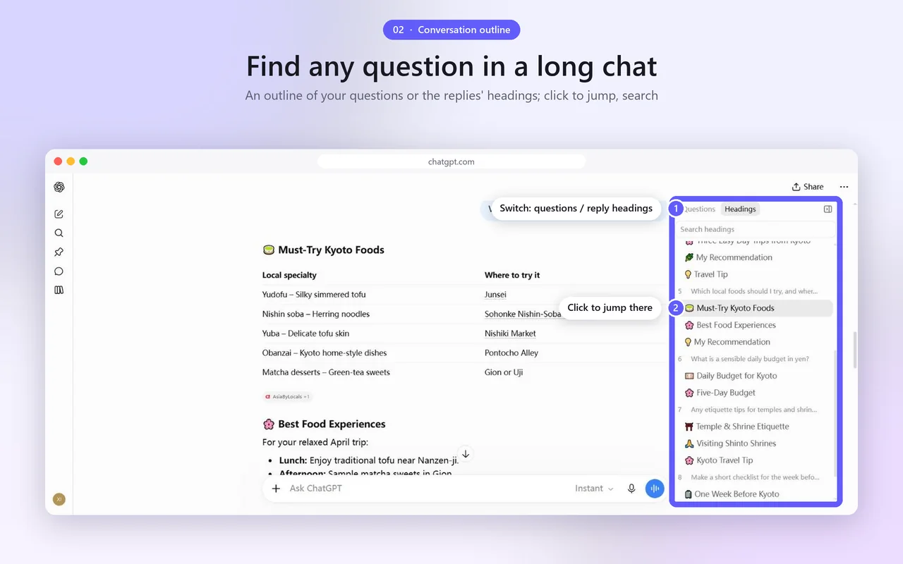 The outline docked beside a ChatGPT conversation