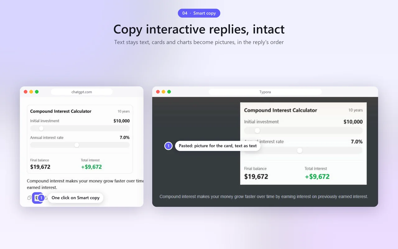 A reply with an interactive calculator, copied and pasted into a notes app with the card as an image