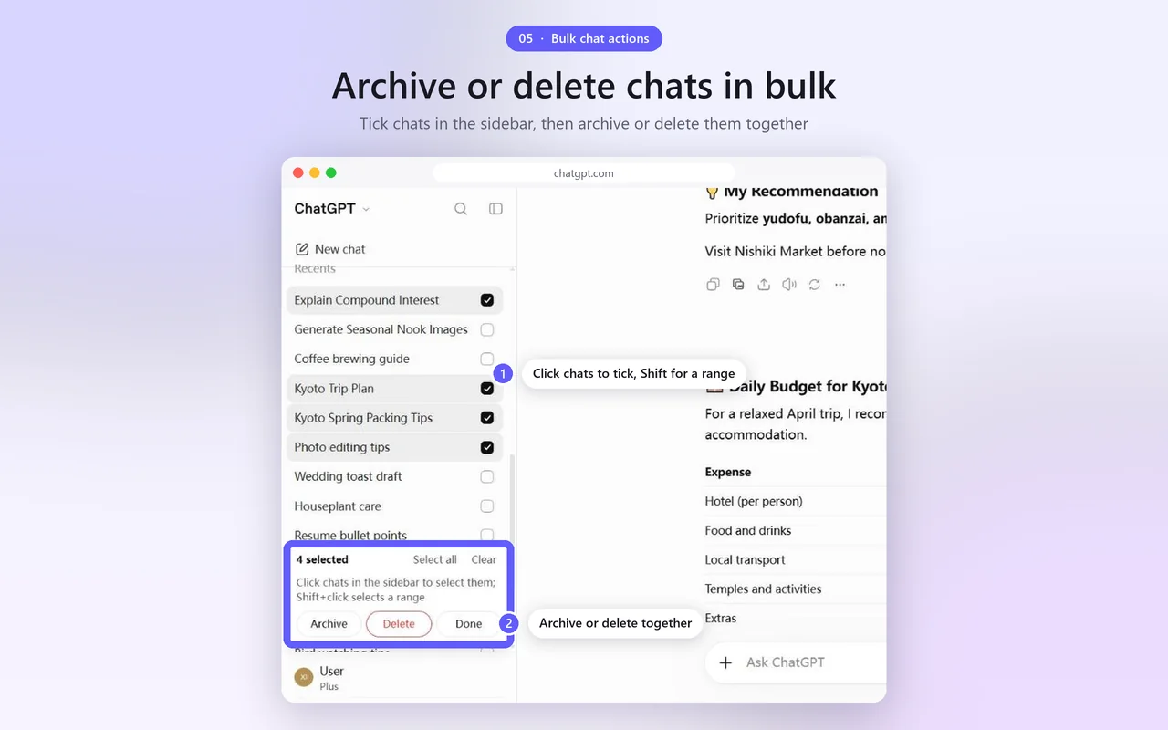 Several chats selected in the ChatGPT sidebar with the Archive and Delete bar